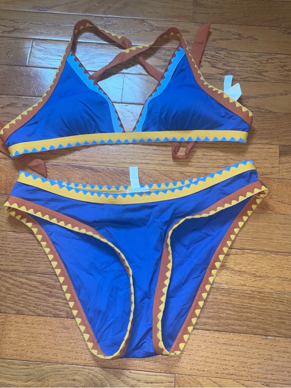 Lucky Brand Blue and Rust Colorblock Triangle Swim Top